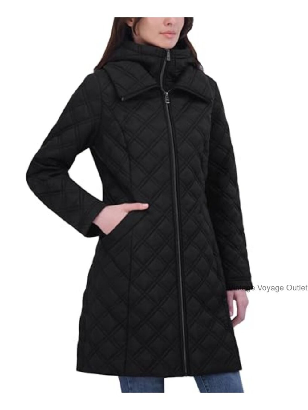 TAHARI Womens Quilted Jacket Silky Taffeta Water Resistant Hooded Bib Zip Front
